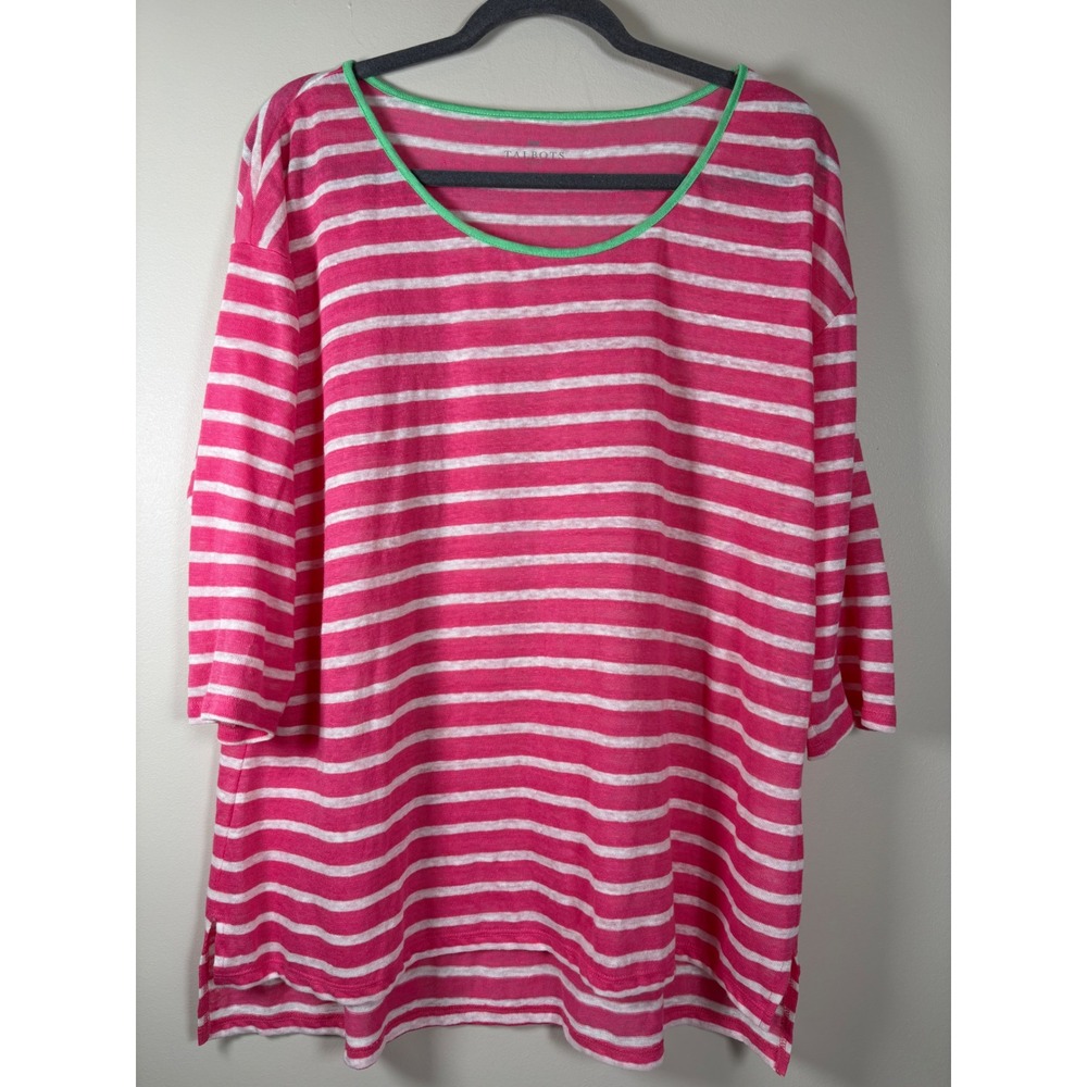 Talbots‎ Woman Pink White Striped 100% Linen Knit Top 3/4 Sleeve Size 0X Coastal
